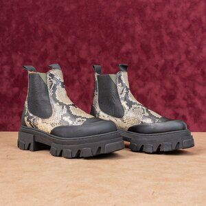 Ganni Women Chelsea Platform Cleated Lug Snake Print Leather Boots Sz 6US EUR37